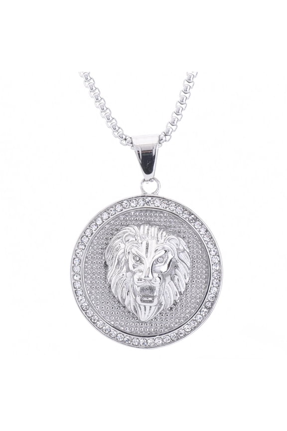 Stainless Steel Iced Lion Head Pendant with Box Chain 24" SCP 7046 S