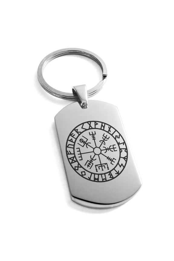 Stainless Steel Icelandic Vegvisir Viking Rune Engraved Dog Tag Keychain Keyring