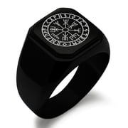 Stainless Steel Icelandic Vegvisir Viking Rune Engraved Square Flat Top Biker Style Polished Signet Ring
