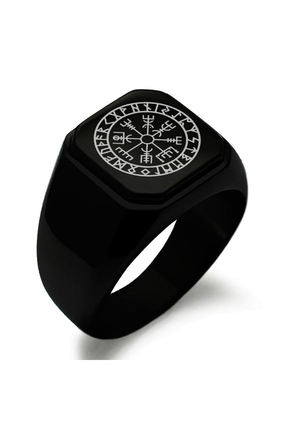 Stainless Steel Icelandic Vegvisir Viking Rune Engraved Square Flat Top Biker Style Polished Signet Ring