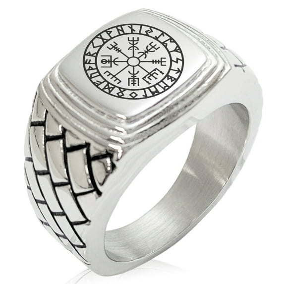 Tioneer Stainless Steel Icelandic Vegvisir Viking Rune Geometric Pattern Step-Down Biker Style Polished Ring