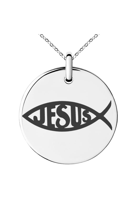 Stainless Steel Ichthus Jesus Fish Symbol Engraved Small Medallion Circle Charm Pendant Necklace