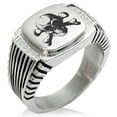 thumbnail image 1 of Tioneer Stainless Steel Iconic Pirate Crossbones Skull CZ Ribbed Needle Stripe Pattern Biker Style Polished Ring, 1 of 1