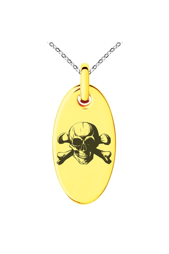 Stainless Steel Iconic Pirate Crossbones Skull Engraved Small Oval Charm Pendant Necklace