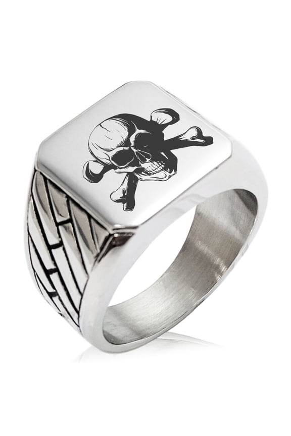 Stainless Steel Iconic Pirate Crossbones Skull Geometric Pattern Biker Style Polished Ring