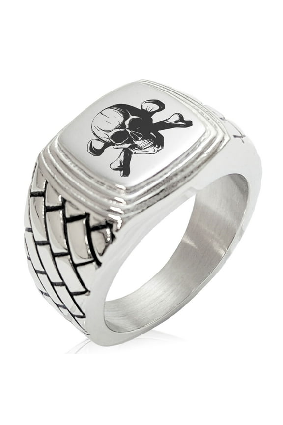 Stainless Steel Iconic Pirate Crossbones Skull Geometric Pattern Step-Down Biker Style Polished Ring