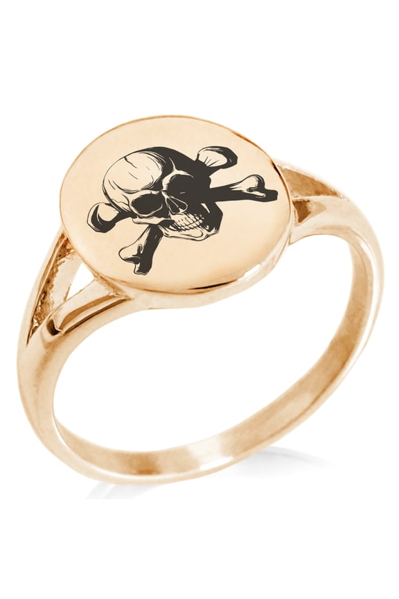 Stainless Steel Iconic Pirate Crossbones Skull Minimalist Oval Top Polished Statement Signet Ring