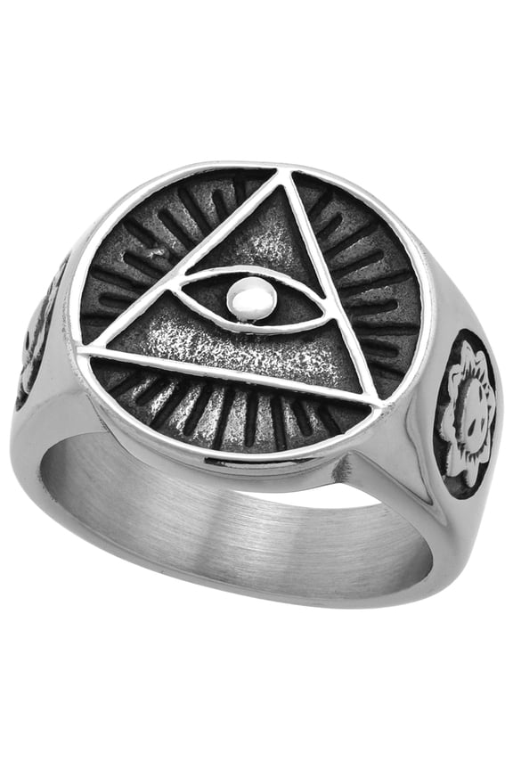 Stainless Steel Illuminati All Seeing Eye of Providence Ring for Men Round 11/16 inch wide size 9