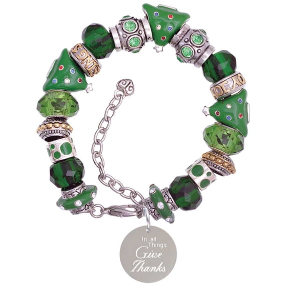 Stainless Steel In all things Give Thanks Disc - Green Christmas Bead Bracelet