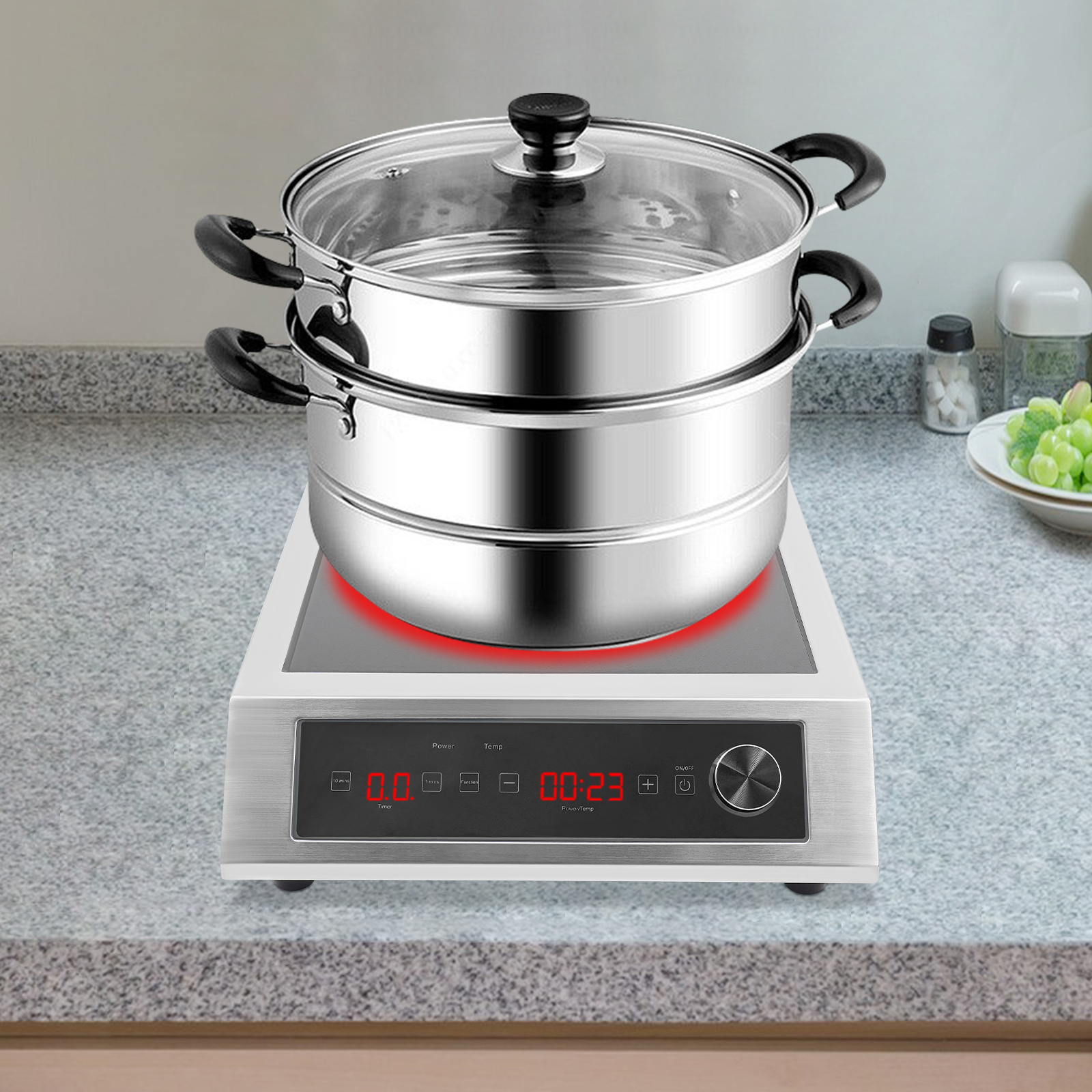 Stainless Steel Induction Stove with Rubber Foot Pads – 0-99min Timer, 300-3500W Adjustable Power, US Plug – for Commercial Kitchens