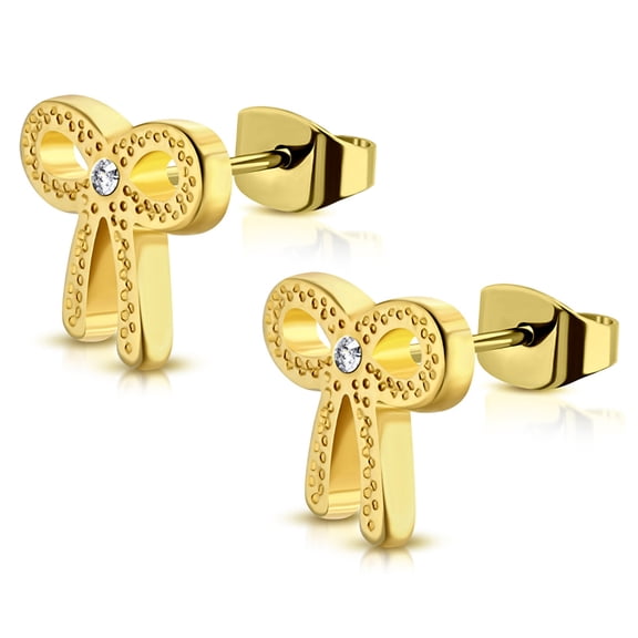 Stainless Steel Infinity Bow Ribbon Cubic Zirconia Stud Post Earrings