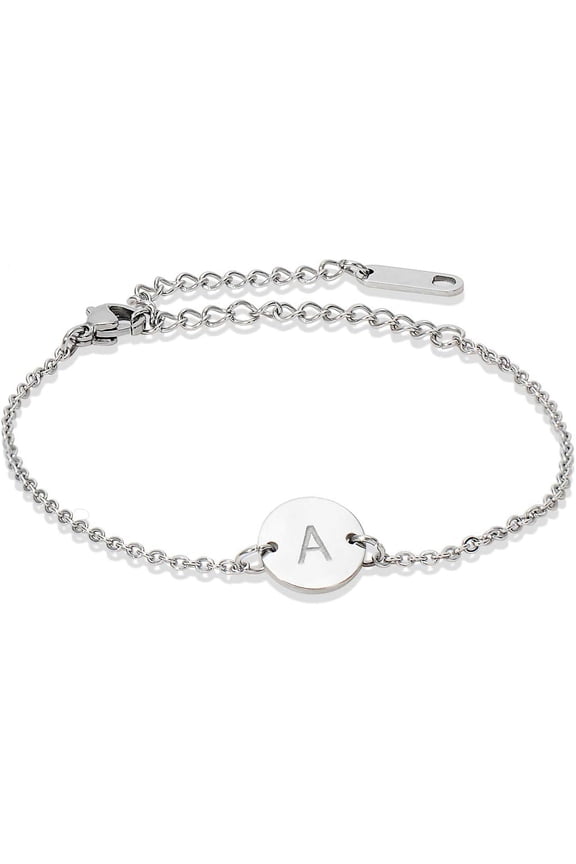 Stainless Steel Initial Bracelet Delicate Coin Letter Bracelet Dainty Small Disc Name Bracelet Personalized Monogram Charm Bracelet for Women Girls