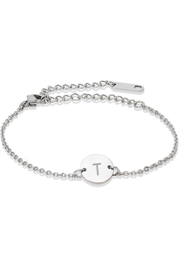 Stainless Steel Initial Bracelet Delicate Coin Letter Bracelet Dainty Small Disc Name Bracelet Personalized Monogram Charm Bracelet for Women Girls