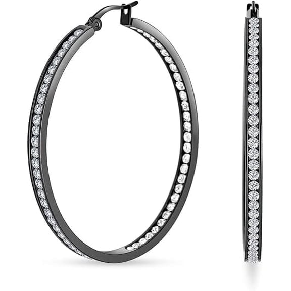 Stainless Steel Inside Out 40mm Hoop Earrings for Women – Sparkling CZ Crystal Hoops, Hypoallergenic, Lightweight, Modern Everyday Earrings (Black)