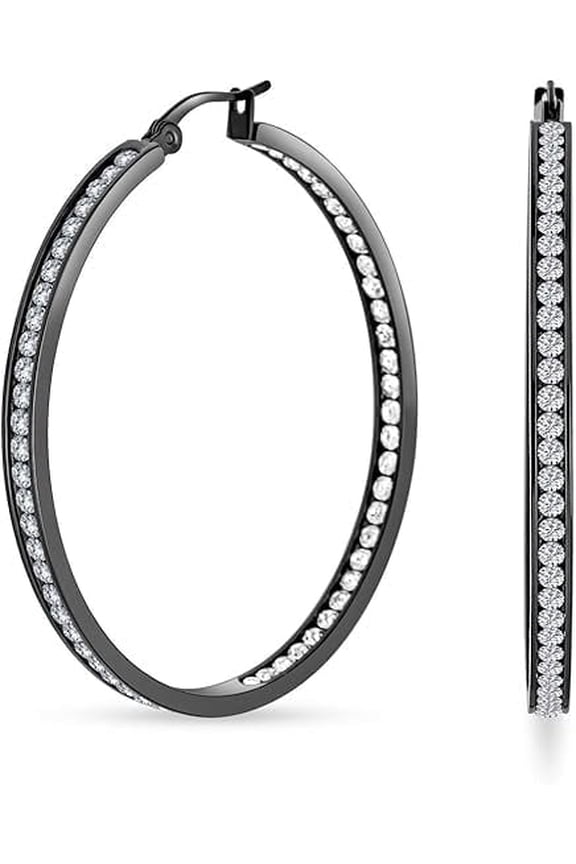 Stainless Steel Inside Out 40mm Hoop Earrings for Women – Sparkling CZ Crystal Hoops, Hypoallergenic, Lightweight, Modern Everyday Earrings (Black)