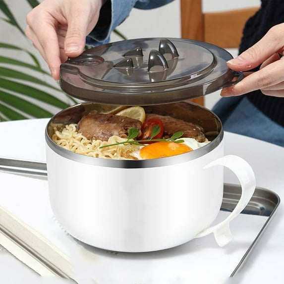 Stainless Steel Instant Noodle Bowl With Lid Heat Resistant Handle Large Capacity Soup Bowl For Dormitory Kitchen Tableware Food Grade Metal Supply Item 1pc Pack Household Item