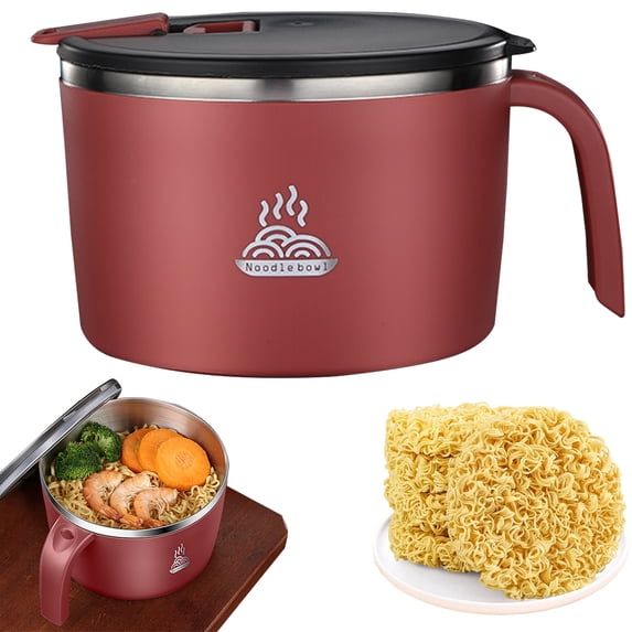 Stainless Steel Instant Noodle Cooker, 900ML Capacity Lunch Bowl with Lid, Double Layer Soup Bowl, Thermal Lunch Box Container for Home, Kitchen, Office (Red)