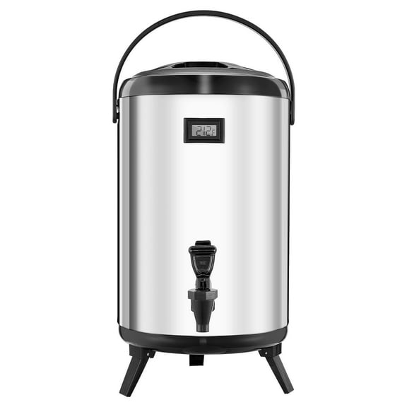 Stainless Steel Insulated Beverage Dispenser 3.2 Gal 12L with Spigot Temperature Display Hot Cold Drink Server for Coffee Tea Water Cafe Restaurant Silver