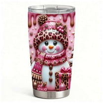 Stainless Steel Insulated Christmas Tumbler with Lid & Straw, Pink Snowman Cup with Leopard Print Gift Design, Double-Wall Hot Cold Travel Coffee Mug