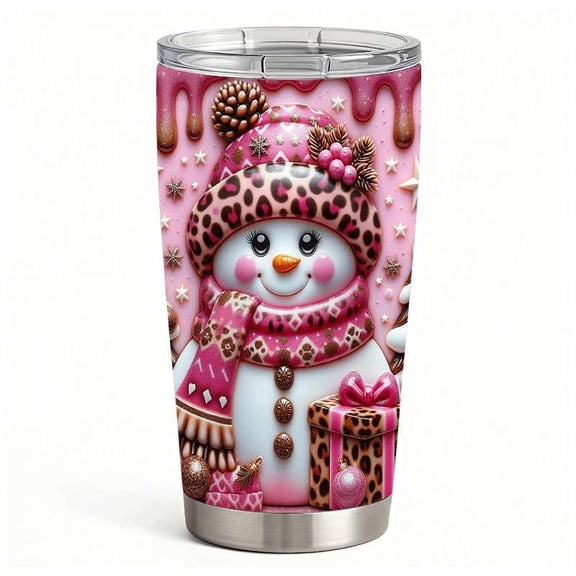 Stainless Steel Insulated Christmas Tumbler with Lid & Straw, Pink Snowman Cup with Leopard Print Gift Design, Double-Wall Hot Cold Travel Coffee Mug