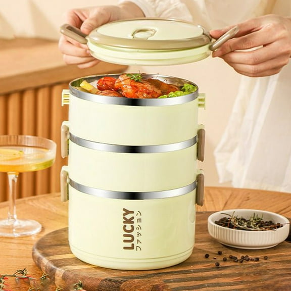 Stainless Steel Insulated Lunch Box Double Layer Leakproof 15x15x17cm 5.9x5.9x6.69in Portable Food Container for Storage/Organization (Beige) ,Hulucky