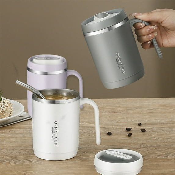 Stainless Steel Insulated Mug with Lid and Straw | Coffee Tea Milk Tumbler | Leak Proof Sealed Office Travel Cup | Ergonomic Handle | 13x8.7x7.5cm | 1 Pack