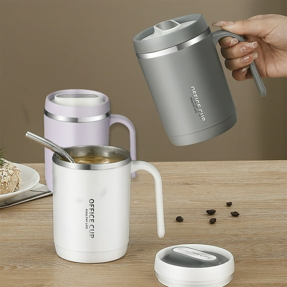 Stainless Steel Insulated Mug With Lid & Straw | Milk Coffee Water Tumbler | Ergonomic Handle | Leakproof Travel Office Cup | 1 Pack | 13×8.7×7.5cm | White Gray Purple