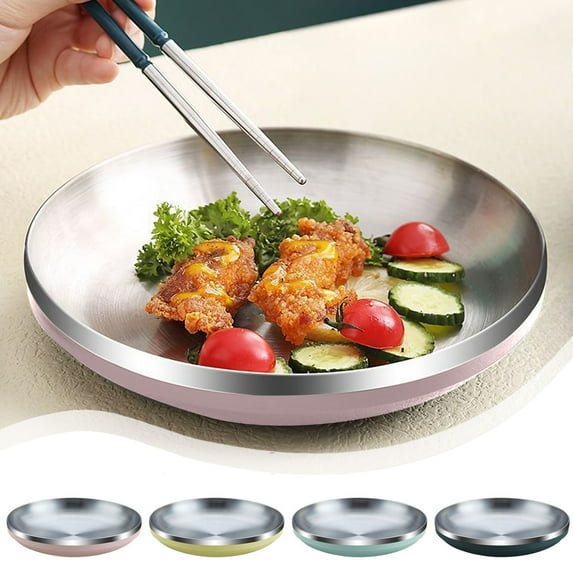 Stainless Steel Insulated Plate 20cm x 3.7cm | Double Layer Heat Retention | Modern Multi-Color Tableware | Rust-Resistant Easy-Clean Dish | Portable Fruit Appetizer Dessert Plate