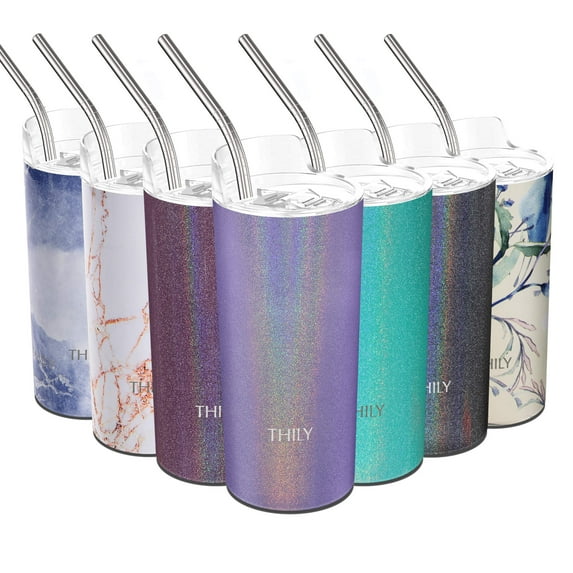 Stainless Steel Insulated Skinny Tumbler - THILY 16 oz Travel Mug with Lid and Straw, Keep Cold for Ice Water, Coffee, Juice, Drinks, Glitter Lavender