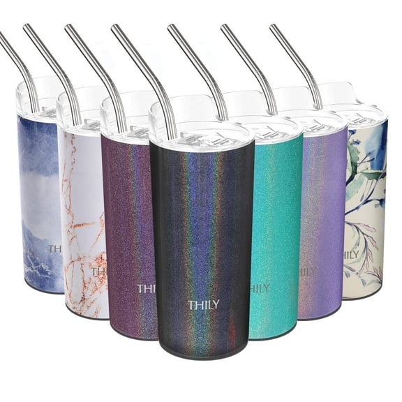 Stainless Steel Insulated Skinny Tumbler - THILY 16 oz Vacuum Insulated Coffee Cup with Splash-proof Lid, Straw, Keeps Ice Drinks Cold, Glitter Gray