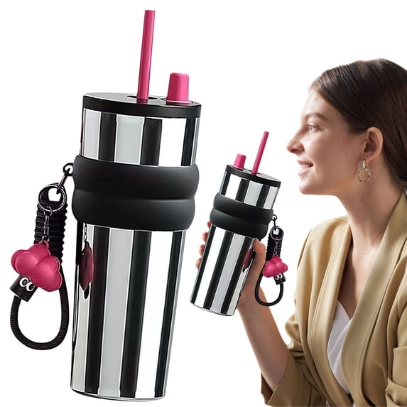 Stainless Steel Insulated Tumbler, Large Capacity Travel Mug with Straw and Lanyard, Double Wall Vacuum Cooler Cup for Car and Outdoor Use
