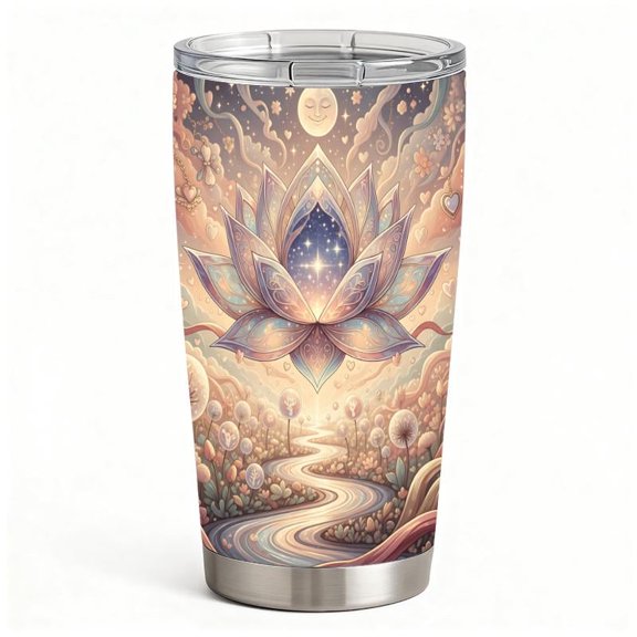 Stainless Steel Insulated Tumbler with Lid, Lotus Moon Floral Art Design, Double-Wall Hot Cold Travel Cup, Mother’s Day Gift