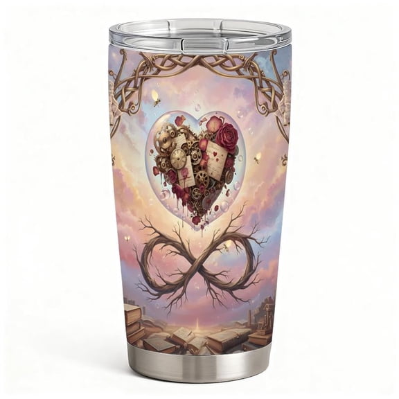 Stainless Steel Insulated Tumbler with Lid, Steampunk Heart & Rose Infinity Art Design, Double-Wall Hot Cold Travel Cup, Romantic Valentine Gift
