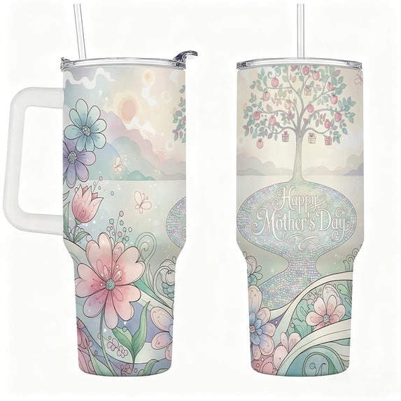 Stainless Steel Insulated Tumbler with Lid and Straw, Pastel Floral Tree Happy Mother’s Day Design, Double-Wall Vacuum Travel Cup, Gift for Mom
