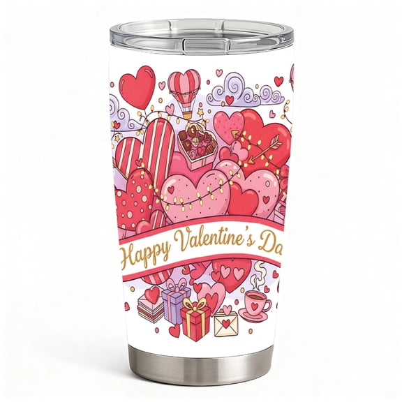Stainless Steel Insulated Valentine Tumbler with Lid, Hearts & Gift Boxes Print, Double-Wall Travel Coffee Cup, Cute Gift for Her