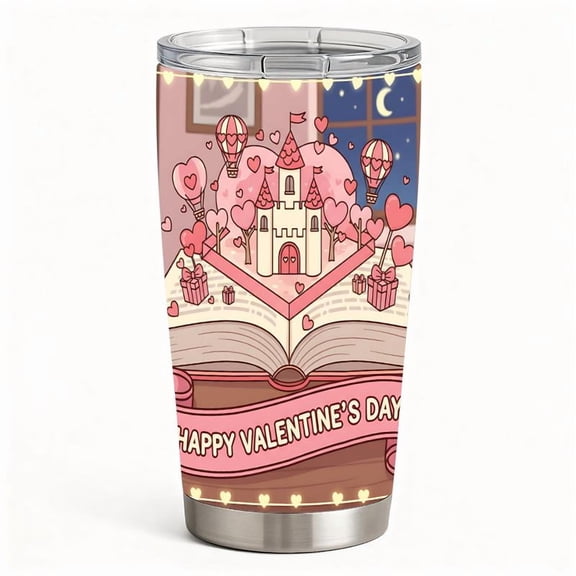 Stainless Steel Insulated Valentine’s Day Tumbler with Lid, Fairytale Castle & Storybook Design, Double-Wall Travel Coffee Cup, Romantic Gift for Her