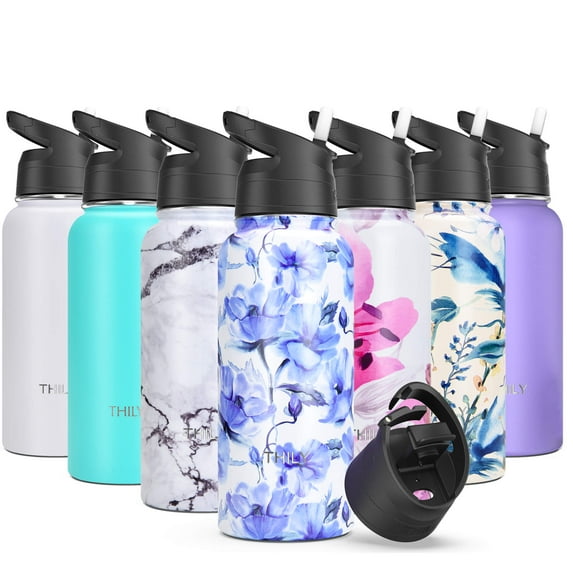 Stainless Steel Insulated Water Bottle - THILY Triple Insulated 32 oz Leakproof Wide Mouth Water Flask with 2 Lids and Straws, Keep Hot 12 Hours Cold 36 Hours, BPA Free, Durable, Iridaceae