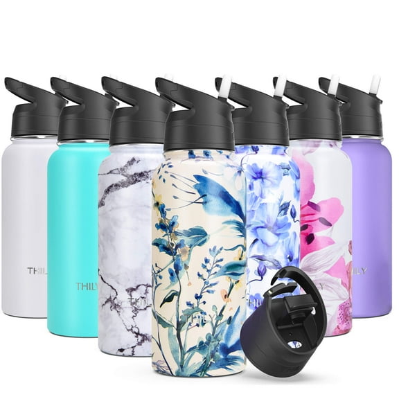 Stainless Steel Insulated Water Bottle - THILY Triple Insulated 32 oz Leakproof Wide Mouth Water Flask with 2 Lids and Straws, Keep Hot 12 Hours Cold 36 Hours, BPA Free, Durable, Orchid