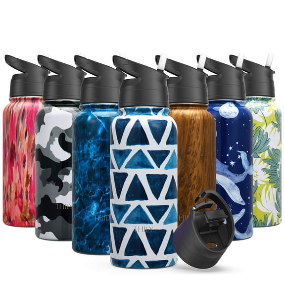 Stainless Steel Insulated Water Bottle - THILY Triple Insulated 32 oz Leakproof Wide Mouth Water Flask Mug with 2 Lids and Straws, for Gym, Travel, Hiking, Blue Triangle