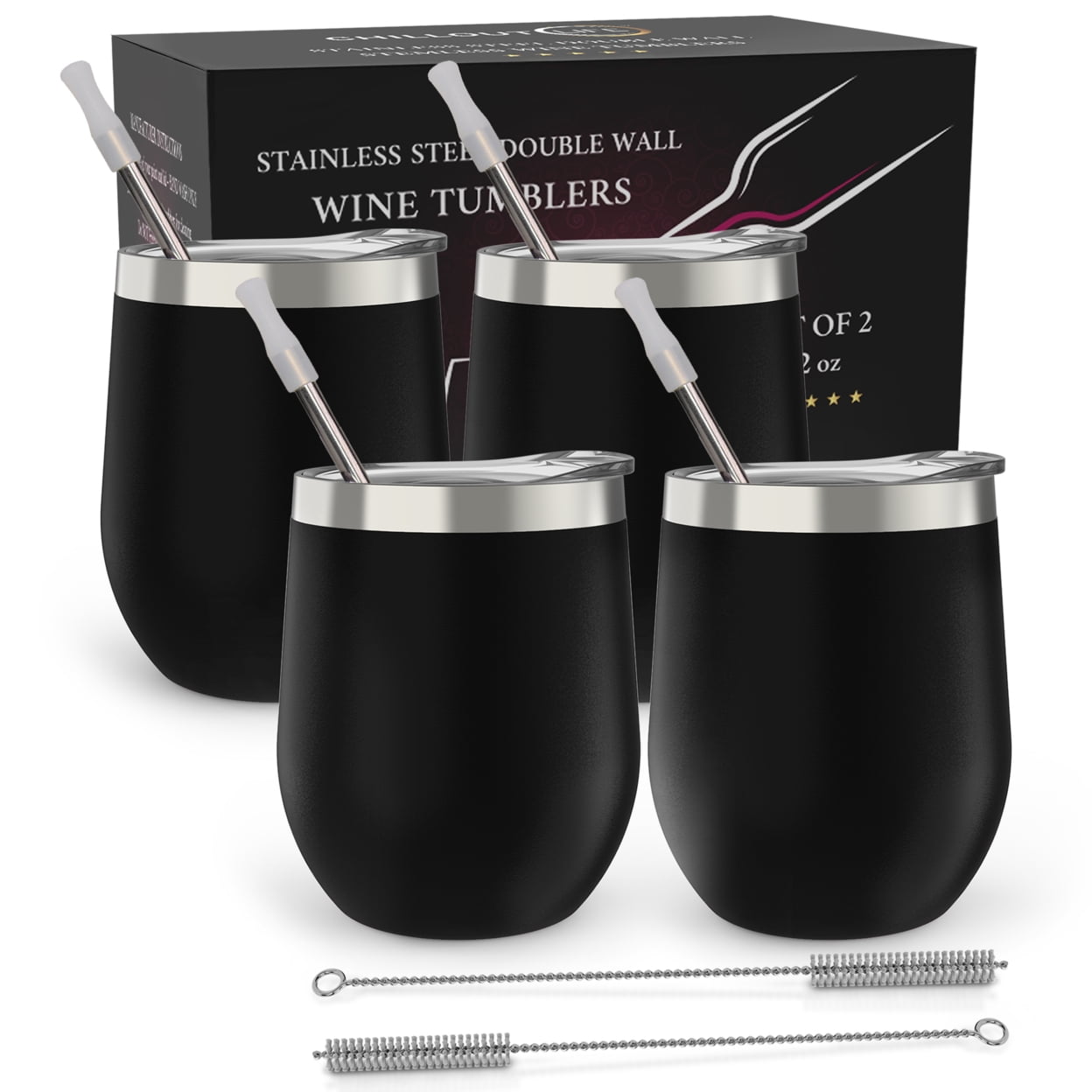 ZONEGRACE 4 pack 12 oz Stainless Steel Stemless Wine Glass Tumbler Double  Wall Vacuum Insulated Black Wine Tumbler with Lids Set of 4 for Coffee,  Wine, Cocktail…