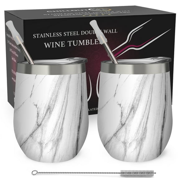Stainless Steel Insulated Wine Tumbler - Carrara Marble by Chillout Life for Unisex - 2 x 12 oz Tumbler