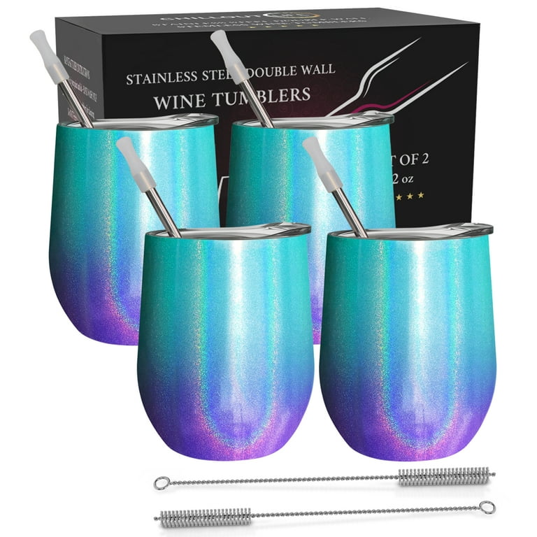 ZONEGRACE 4 pack 12 oz Stainless Steel Stemless Wine Glass  Tumbler Multicolor Double Wall Vacuum Insulated Wine Tumbler with Lids Set  of 4 for Coffee, Wine, Cocktails, Ice Cream Including