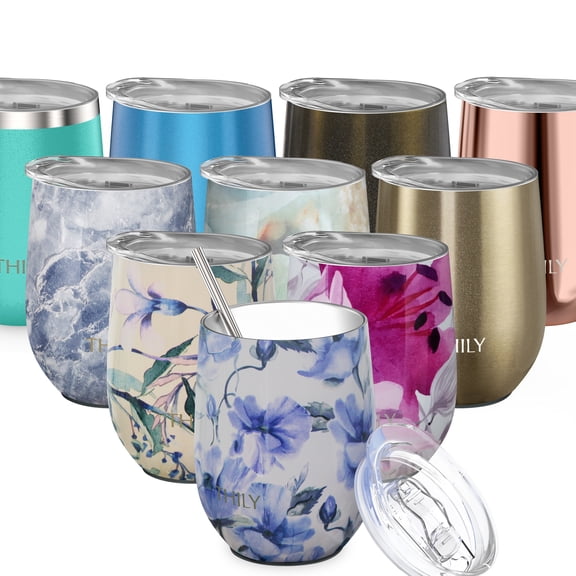 Stainless Steel Insulated Wine Tumbler - THILY Stemless Wine Glass with Sliding Lid and Straw, Cute Travel Cup Keep Coffee and Cocktails Cold, Gifts for Women, Her, Iridaceae