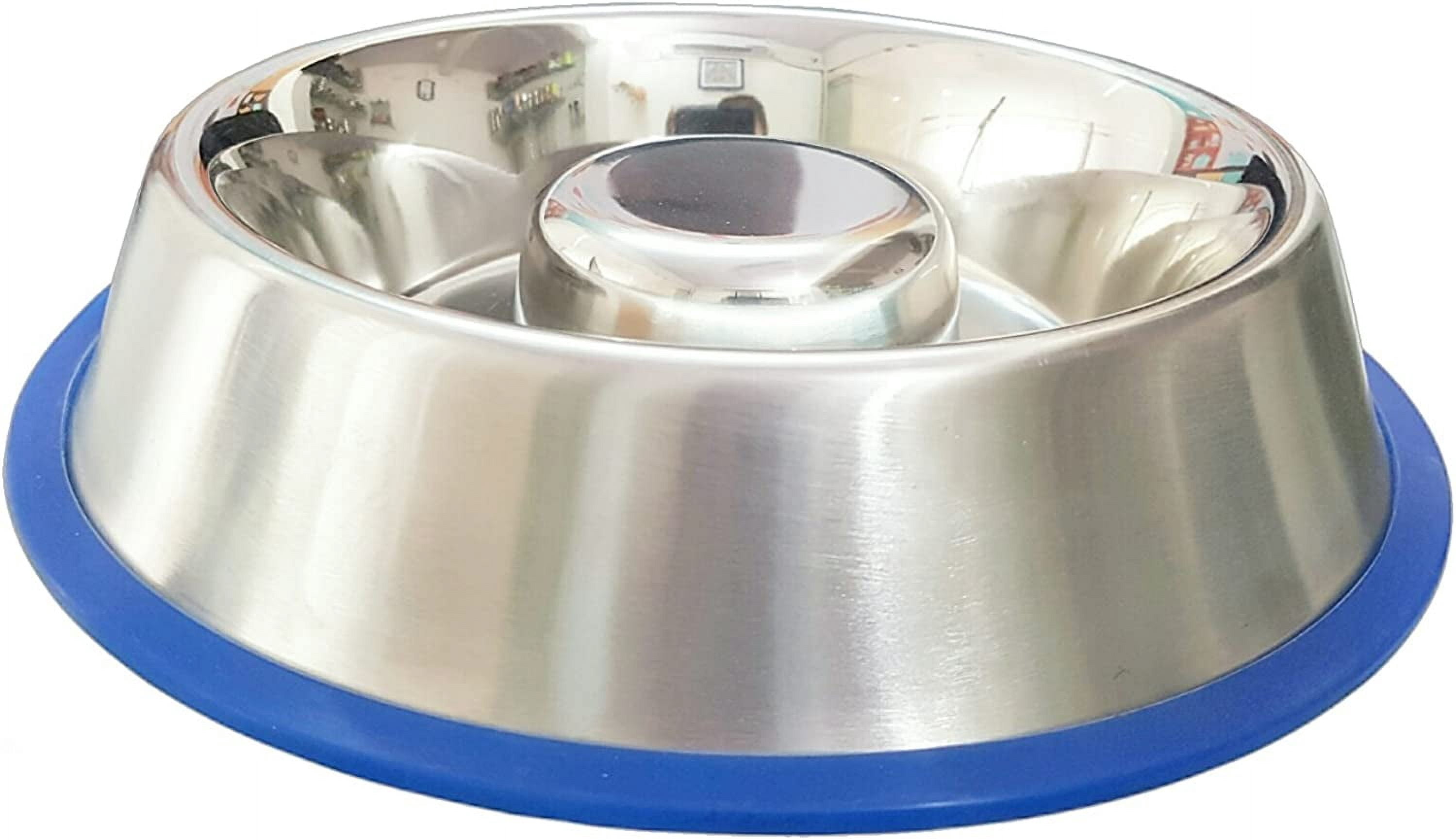 Stainless Steel Interactive Slow Feed Dog Bowl with a Blue Base, Fun Healthy Bloat Stop Feeder (Large)