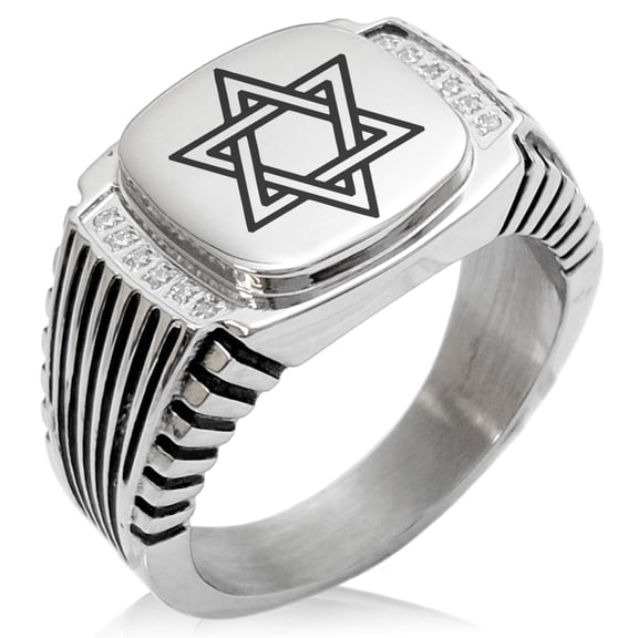 Tioneer Stainless Steel Interlocking Hexagram Star of David CZ Ribbed Needle Stripe Pattern Biker Style Polished Ring