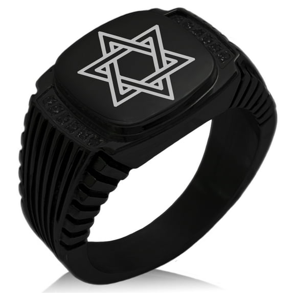 Stainless Steel Interlocking Hexagram Star of David CZ Ribbed Needle Stripe Pattern Biker Style Polished Ring