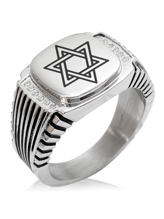 Stainless Steel Interlocking Hexagram Star of David CZ Ribbed Needle Stripe Pattern Biker Style Polished Ring
