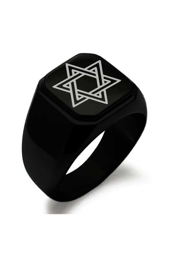 Stainless Steel Interlocking Hexagram Star of David Engraved Square Flat Top Biker Style Polished Signet Ring