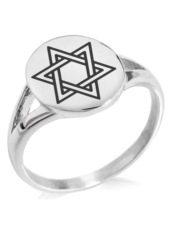 Stainless Steel Interlocking Hexagram Star of David Minimalist Oval Top Polished Statement Signet Ring