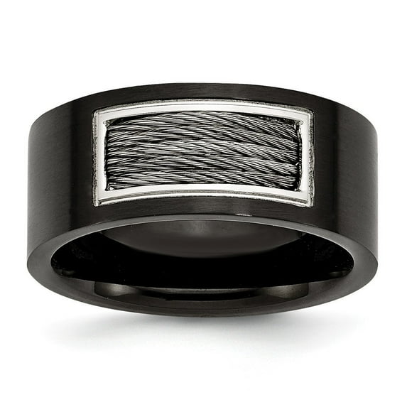 Stainless Steel Ip Black Plated With Wire Inlay Ring - Size 10